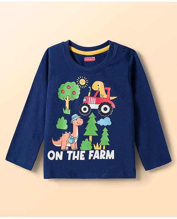 Babyhug 100% Cotton Knit Full Sleeves T-Shirts with Dino Print & Stripes Pack of 3 - Navy Blue White & White