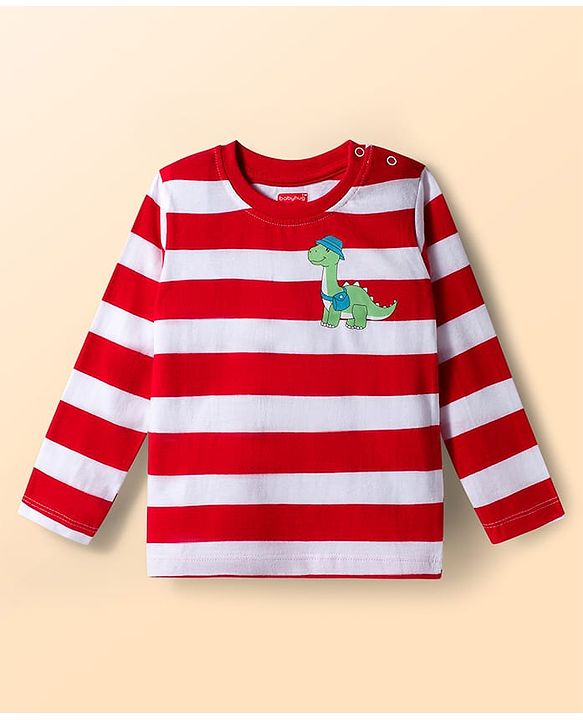 Babyhug 100% Cotton Knit Full Sleeves T-Shirts with Dino Print & Stripes Pack of 3 - Navy Blue White & White