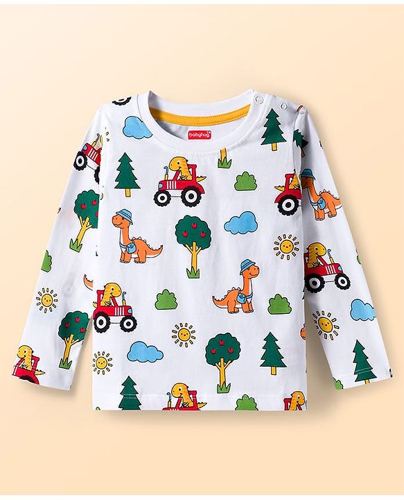 Babyhug 100% Cotton Knit Full Sleeves T-Shirts with Dino Print & Stripes Pack of 3 - Navy Blue White & White