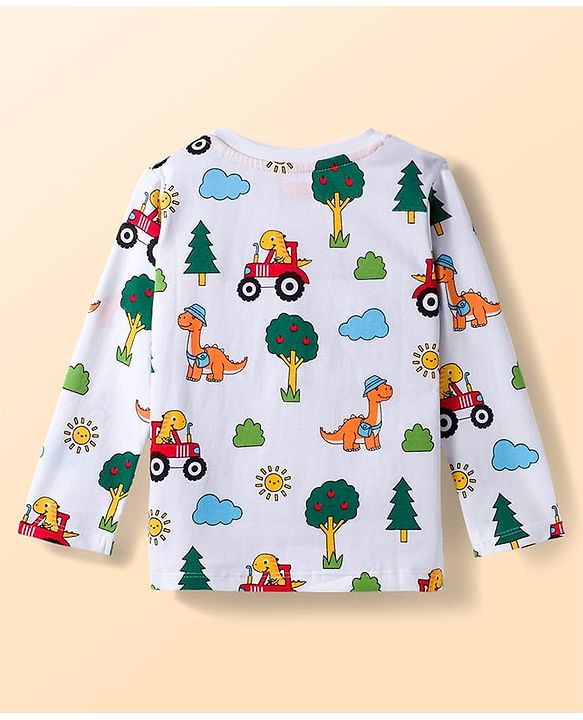 Babyhug 100% Cotton Knit Full Sleeves T-Shirts with Dino Print & Stripes Pack of 3 - Navy Blue White & White