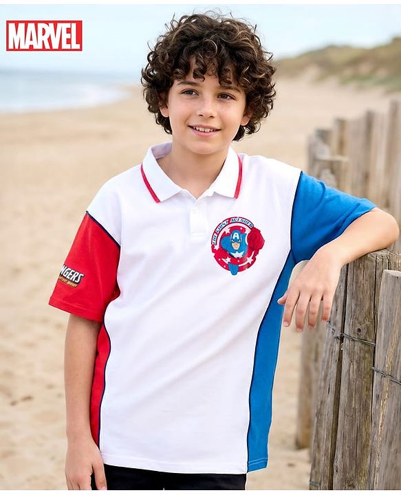 Pine Kids Marvel Terry Knit Oversized Drop Shoulder Half Sleeves Cut & Sew Polo T-Shirt with Avengers Graphic - White & Red
