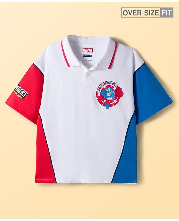 Pine Kids Marvel Terry Knit Oversized Drop Shoulder Half Sleeves Cut & Sew Polo T-Shirt with Avengers Graphic - White & Red