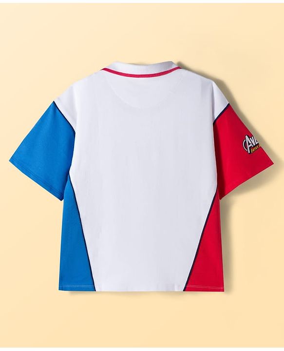 Pine Kids Marvel Terry Knit Oversized Drop Shoulder Half Sleeves Cut & Sew Polo T-Shirt with Avengers Graphic - White & Red
