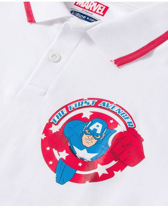 Pine Kids Marvel Terry Knit Oversized Drop Shoulder Half Sleeves Cut & Sew Polo T-Shirt with Avengers Graphic - White & Red