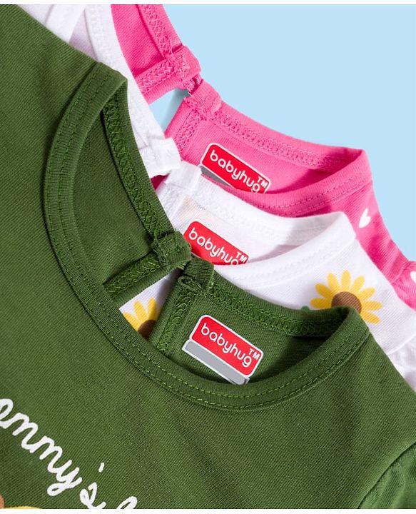 Babyhug 100% Cotton Knit Full Sleeves T-Shirts with Floral Bear & Heart Print Pack of 3 - White Pink & Green