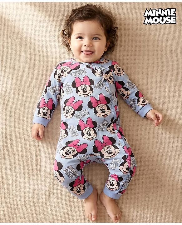 Babyhug Disney Interlock Knit Full Sleeves Front Open Romper with Minnie Mouse Graphics - Blue
