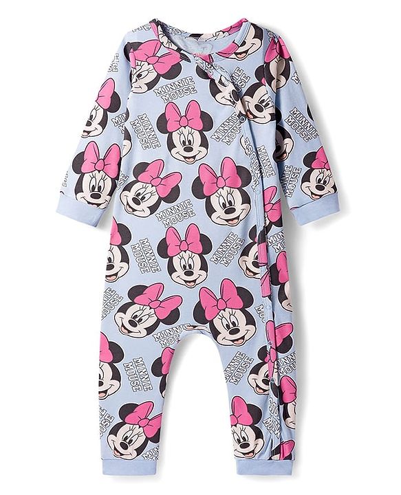 Babyhug Disney Interlock Knit Full Sleeves Front Open Romper with Minnie Mouse Graphics - Blue