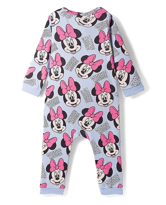 Babyhug Disney Interlock Knit Full Sleeves Front Open Romper with Minnie Mouse Graphics - Blue