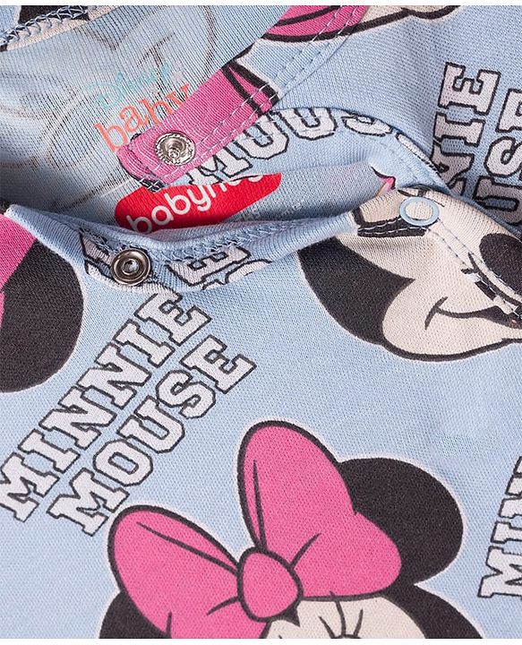 Babyhug Disney Interlock Knit Full Sleeves Front Open Romper with Minnie Mouse Graphics - Blue