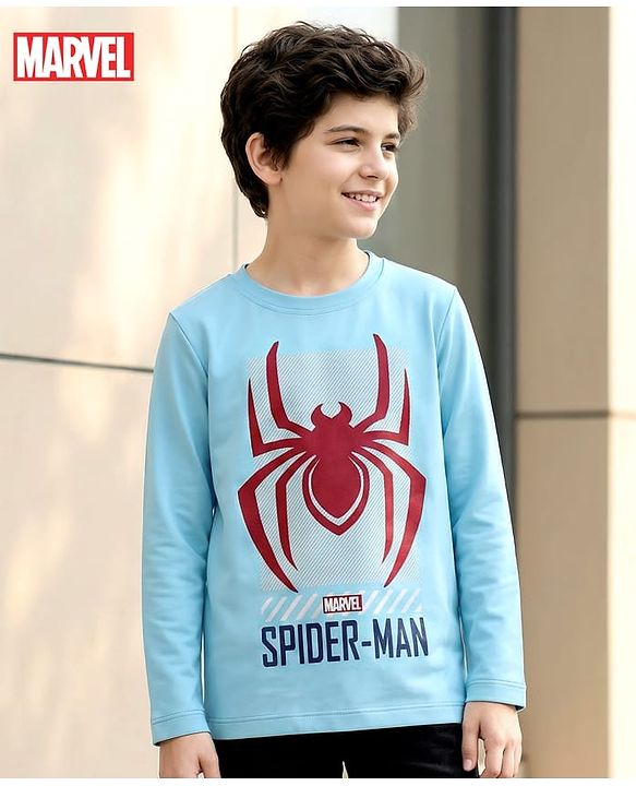 Pine Kids Marvel Single Jersey Knit Full Sleeves T-Shirt with Spider-Man Graphic - Light Blue