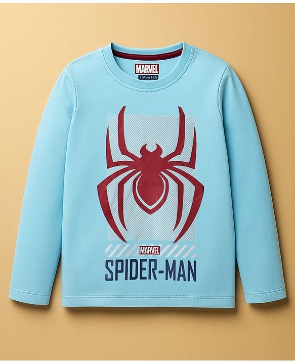 Pine Kids Marvel Single Jersey Knit Full Sleeves T-Shirt with Spider-Man Graphic - Light Blue