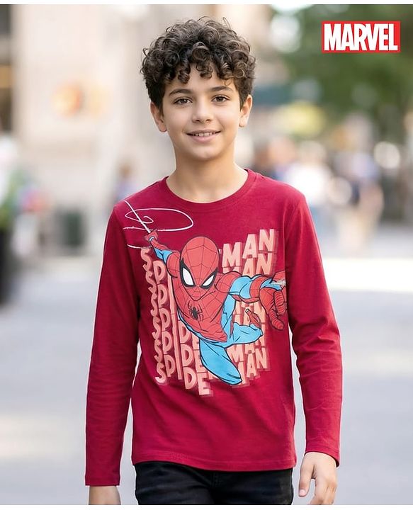 Pine Kids Marvel Single Jersey Knit Full Sleeves T-Shirt with Spider-Man Graphic - Red