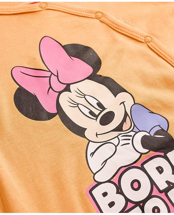 Babyhug Disney Interlock Knit Full Sleeves Front Open Romper with Minnie Mouse Graphics - Orange