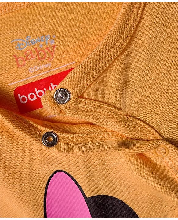 Babyhug Disney Interlock Knit Full Sleeves Front Open Romper with Minnie Mouse Graphics - Orange