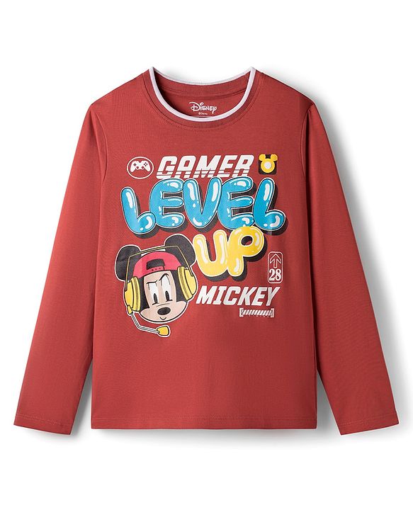 Pine Kids Disney Single Jersey Knit Full Sleeves T-Shirt with Mickey Mouse Graphic - Red