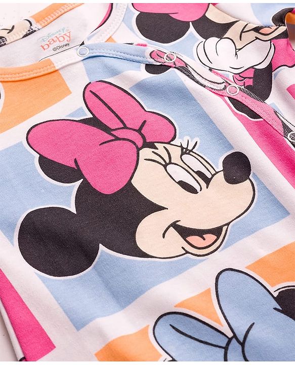 Babyhug Disney Interlock Knit Full Sleeves Front Open Romper with Minnie Mouse Graphics - Multicolor