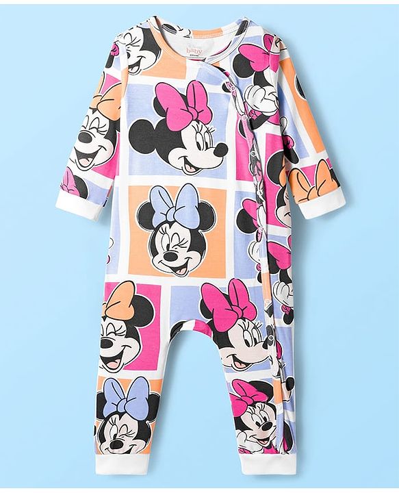 Babyhug Disney Interlock Knit Full Sleeves Front Open Romper with Minnie Mouse Graphics - Multicolor