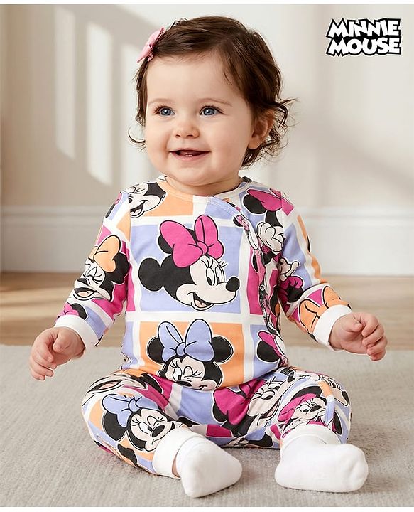 Babyhug Disney Interlock Knit Full Sleeves Front Open Romper with Minnie Mouse Graphics - Multicolor