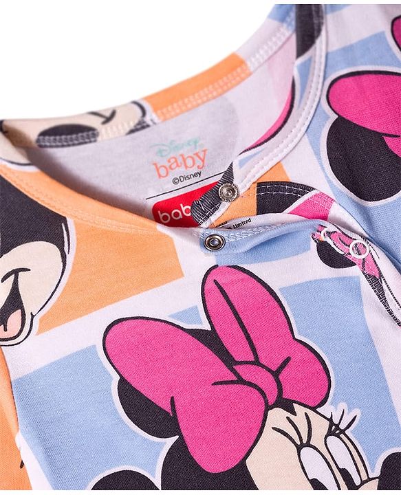Babyhug Disney Interlock Knit Full Sleeves Front Open Romper with Minnie Mouse Graphics - Multicolor