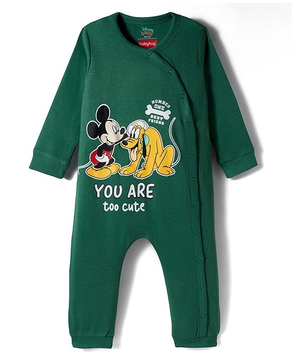 Babyhug Disney Interlock Knit Full Sleeves Romper With Mickey Mouse & Friends Print - Green
