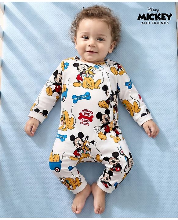Babyhug Disney Interlock Knit Full Sleeves Romper with Mickey Mouse and Friends Graphics - White