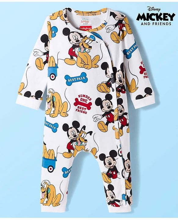 Babyhug Disney Interlock Knit Full Sleeves Romper with Mickey Mouse and Friends Graphics - White