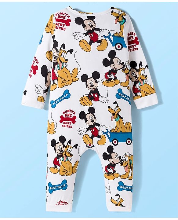 Babyhug Disney Interlock Knit Full Sleeves Romper with Mickey Mouse and Friends Graphics - White