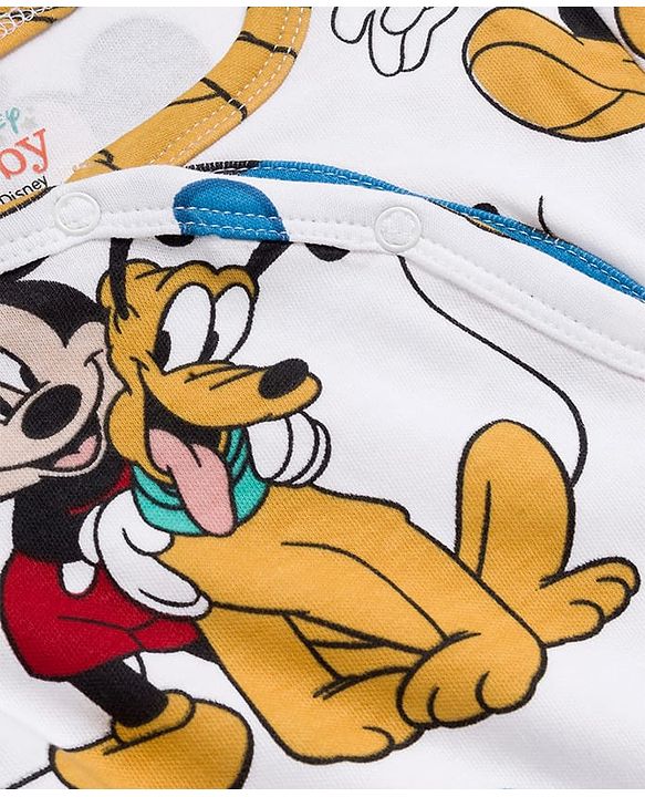 Babyhug Disney Interlock Knit Full Sleeves Romper with Mickey Mouse and Friends Graphics - White
