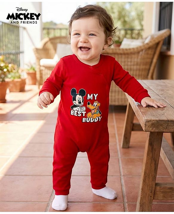 Babyhug Disney Interlock Knit Full Sleeves Romper With Mickey Mouse & Friends Printed - Red