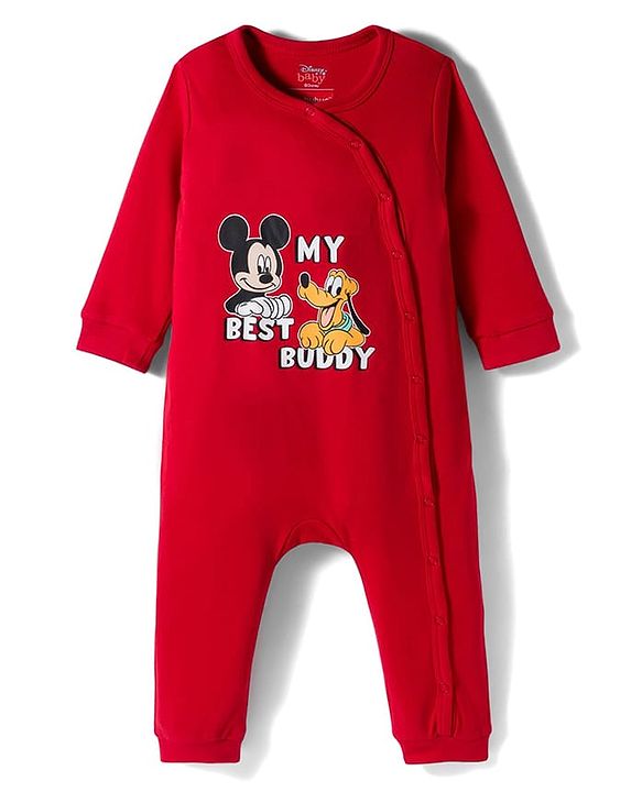 Babyhug Disney Interlock Knit Full Sleeves Romper With Mickey Mouse & Friends Printed - Red
