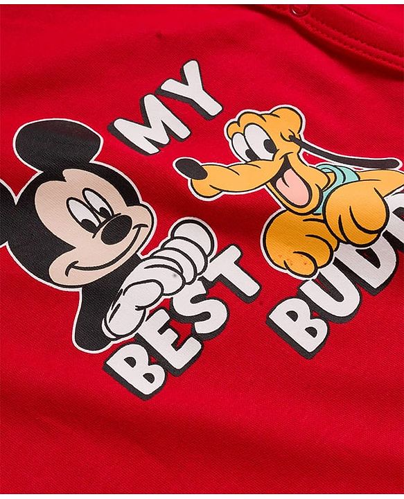 Babyhug Disney Interlock Knit Full Sleeves Romper With Mickey Mouse & Friends Printed - Red