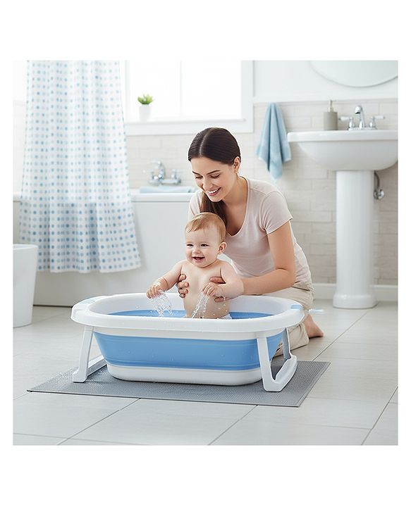 Babyhug Foldable Baby Bathtub - Blue - Free Size| Ideal for Infants & Toddlers| For Boys & Girls| Drain Plug| Non-slip Base| Travel Friendly| Compact Fold for Easy Storing