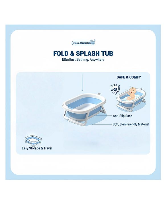 Babyhug Foldable Baby Bathtub - Blue - Free Size| Ideal for Infants & Toddlers| For Boys & Girls| Drain Plug| Non-slip Base| Travel Friendly| Compact Fold for Easy Storing