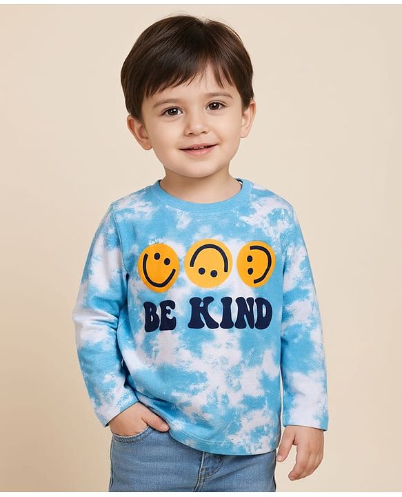 Babyhug 100% Cotton Knit Full Sleeves T-Shirt with Smiley & Be Kind Text Print - Blue