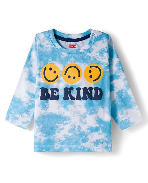 Babyhug 100% Cotton Knit Full Sleeves T-Shirt with Smiley & Be Kind Text Print - Blue