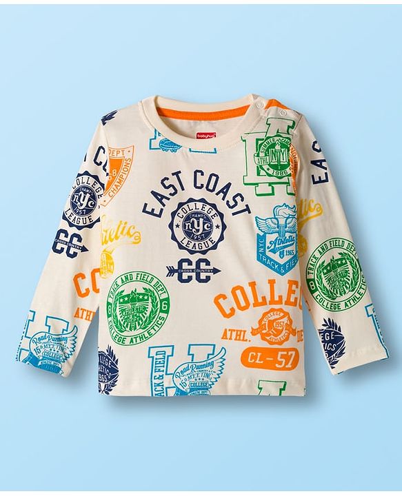 Babyhug 100% Cotton Knit Full Sleeves T-Shirt with East Coast Text Print - White