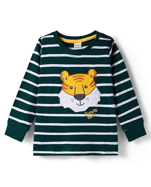 Babyhug 100% Cotton Knit Full Sleeves T-Shirt with Tiger Patch Embroidery - Dark Green