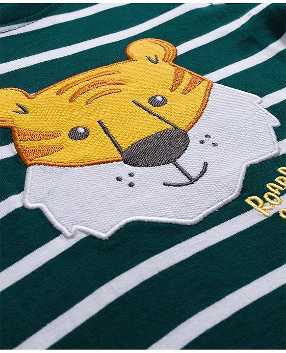 Babyhug 100% Cotton Knit Full Sleeves T-Shirt with Tiger Patch Embroidery - Dark Green