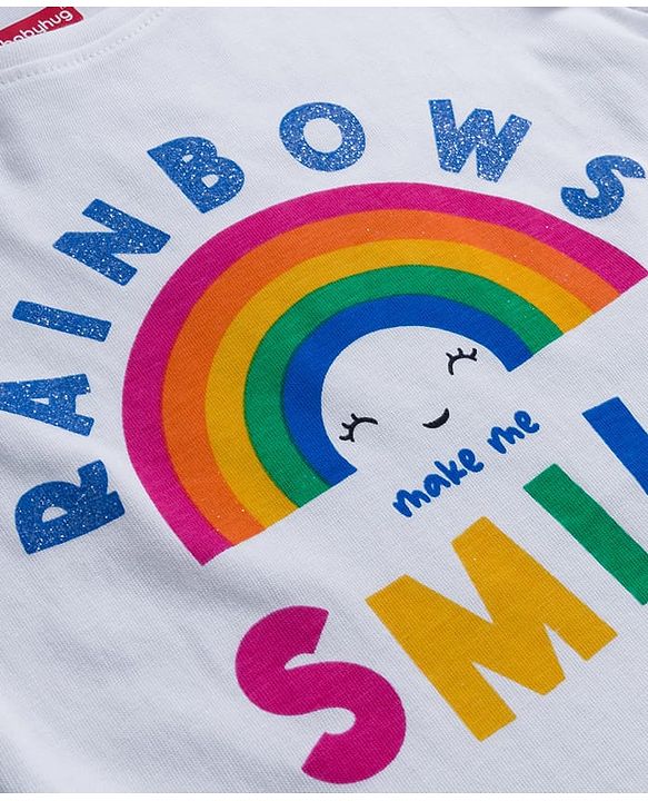 Babyhug 100% Cotton Knit Full Sleeves T-Shirt with Rainbow Graphic & Frill Detailing - White