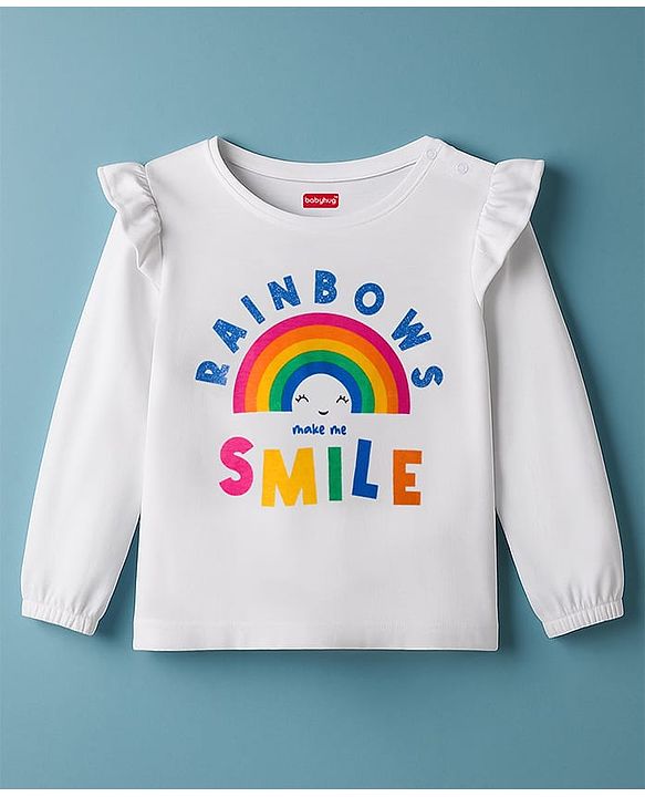 Babyhug 100% Cotton Knit Full Sleeves T-Shirt with Rainbow Graphic & Frill Detailing - White