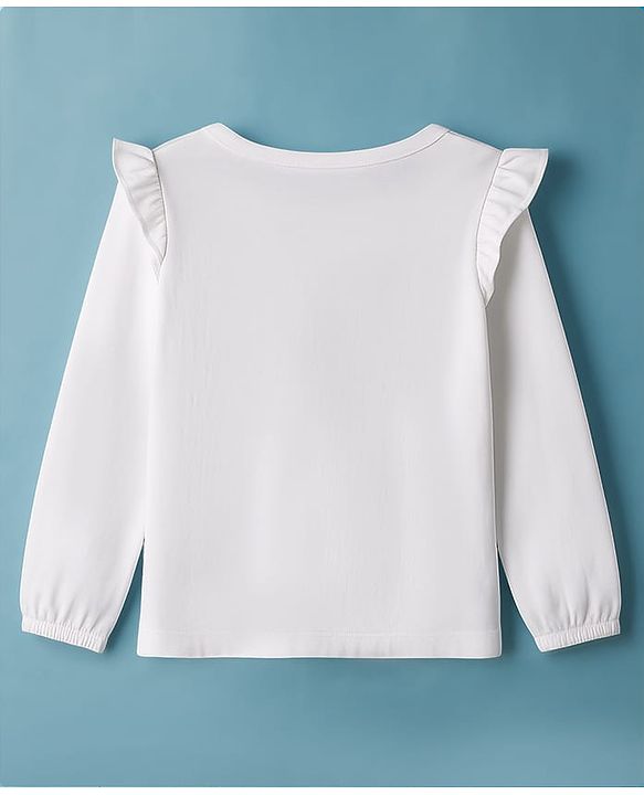 Babyhug 100% Cotton Knit Full Sleeves T-Shirt with Rainbow Graphic & Frill Detailing - White