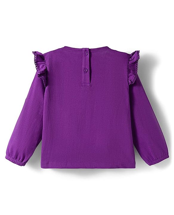 Babyhug 100% Cotton Knit Full Sleeves T-Shirt with Deer Patch Embroidery & Frill Detailing - Purple