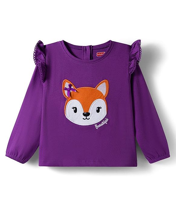 Babyhug 100% Cotton Knit Full Sleeves T-Shirt with Deer Patch Embroidery & Frill Detailing - Purple