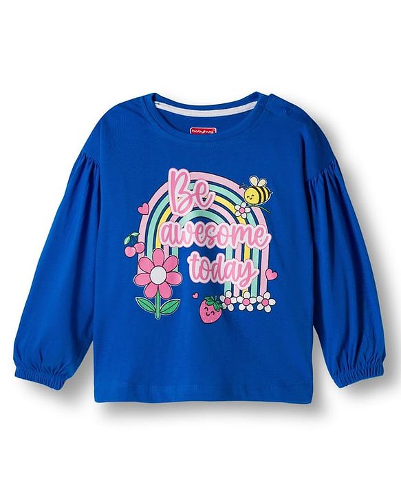 Babyhug 100% Cotton Knit Full Sleeves T-Shirt with Be Awesome Text Print - Royal Blue