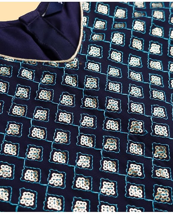 Pine Kids Woven Half Sleeves Choli Lehenga & Dupatta Set With Sequin Detailing - Blue