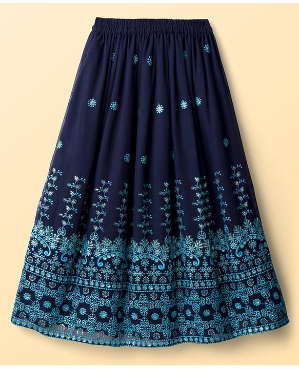Pine Kids Woven Half Sleeves Choli Lehenga & Dupatta Set With Sequin Detailing - Blue
