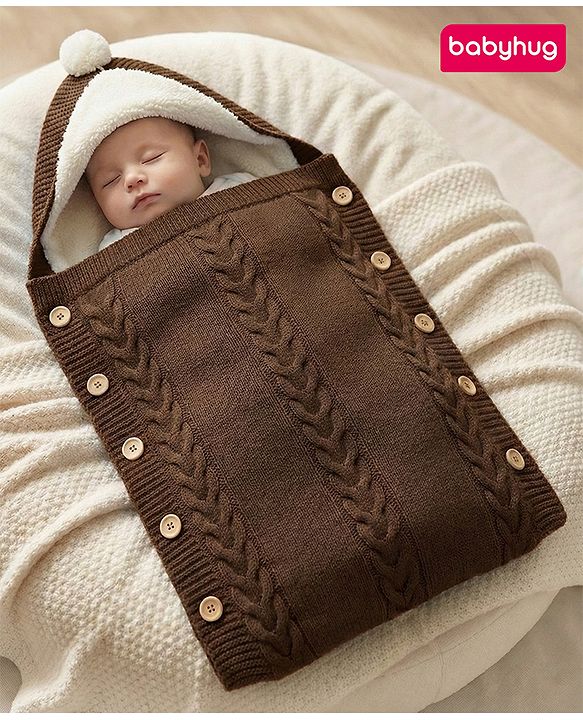 Babyhug Premium Hooded Knitted Blanket Sleeping Bag with Soft Fur Lining - Brown| Warm & Cozy Winter Wrapper| Machine Washable| Button Closure