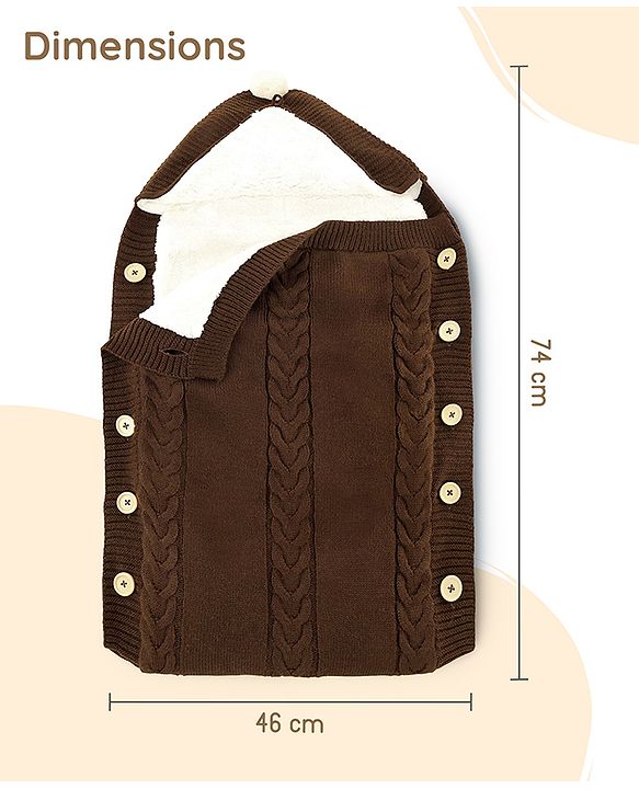 Babyhug Premium Hooded Knitted Blanket Sleeping Bag with Soft Fur Lining - Brown| Warm & Cozy Winter Wrapper| Machine Washable| Button Closure