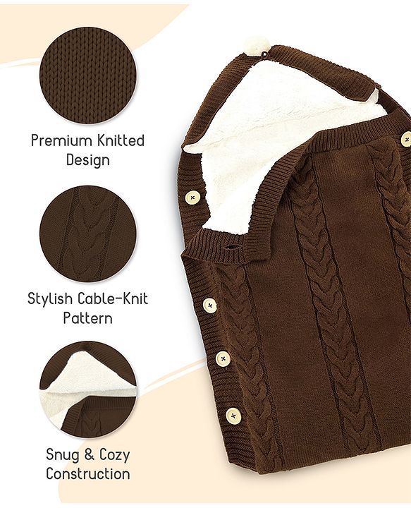 Babyhug Premium Hooded Knitted Blanket Sleeping Bag with Soft Fur Lining - Brown| Warm & Cozy Winter Wrapper| Machine Washable| Button Closure