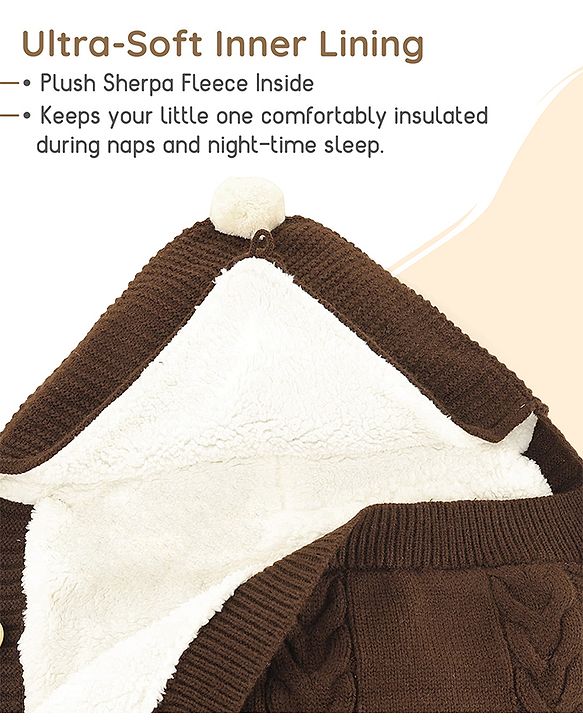 Babyhug Premium Hooded Knitted Blanket Sleeping Bag with Soft Fur Lining - Brown| Warm & Cozy Winter Wrapper| Machine Washable| Button Closure